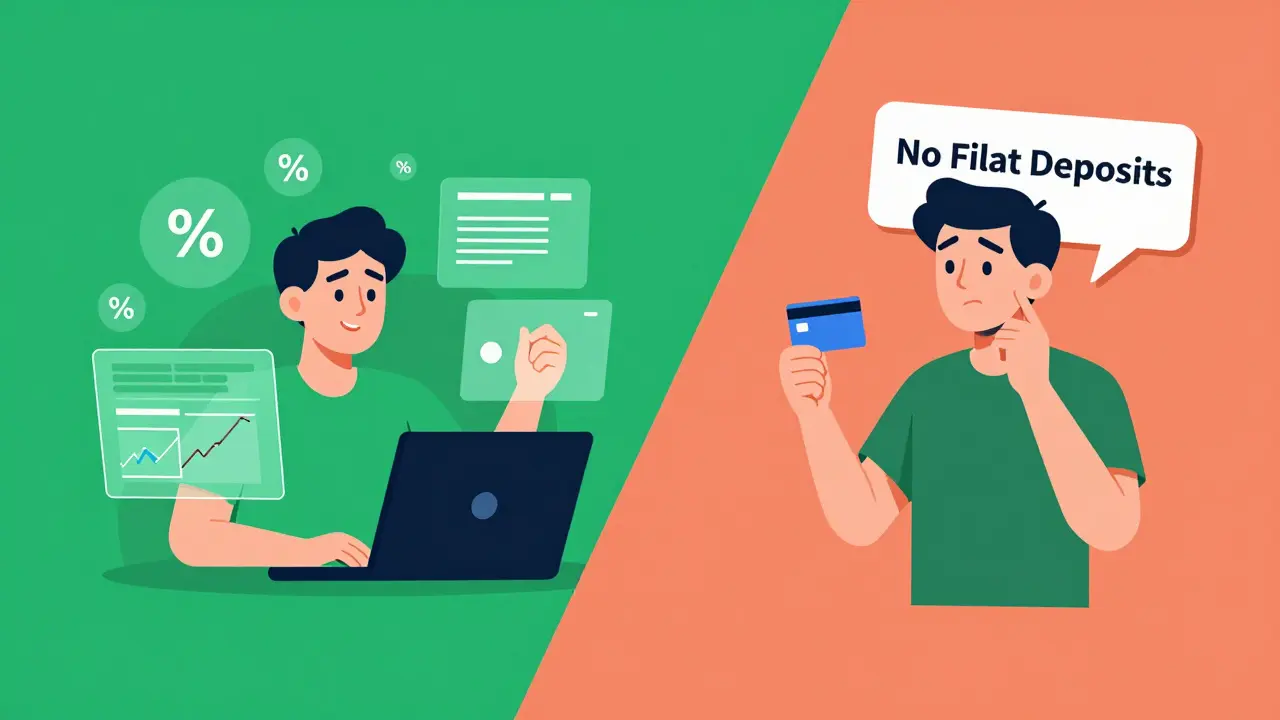 Flat illustration contrasting a professional trader and a confused beginner using a crypto platform.