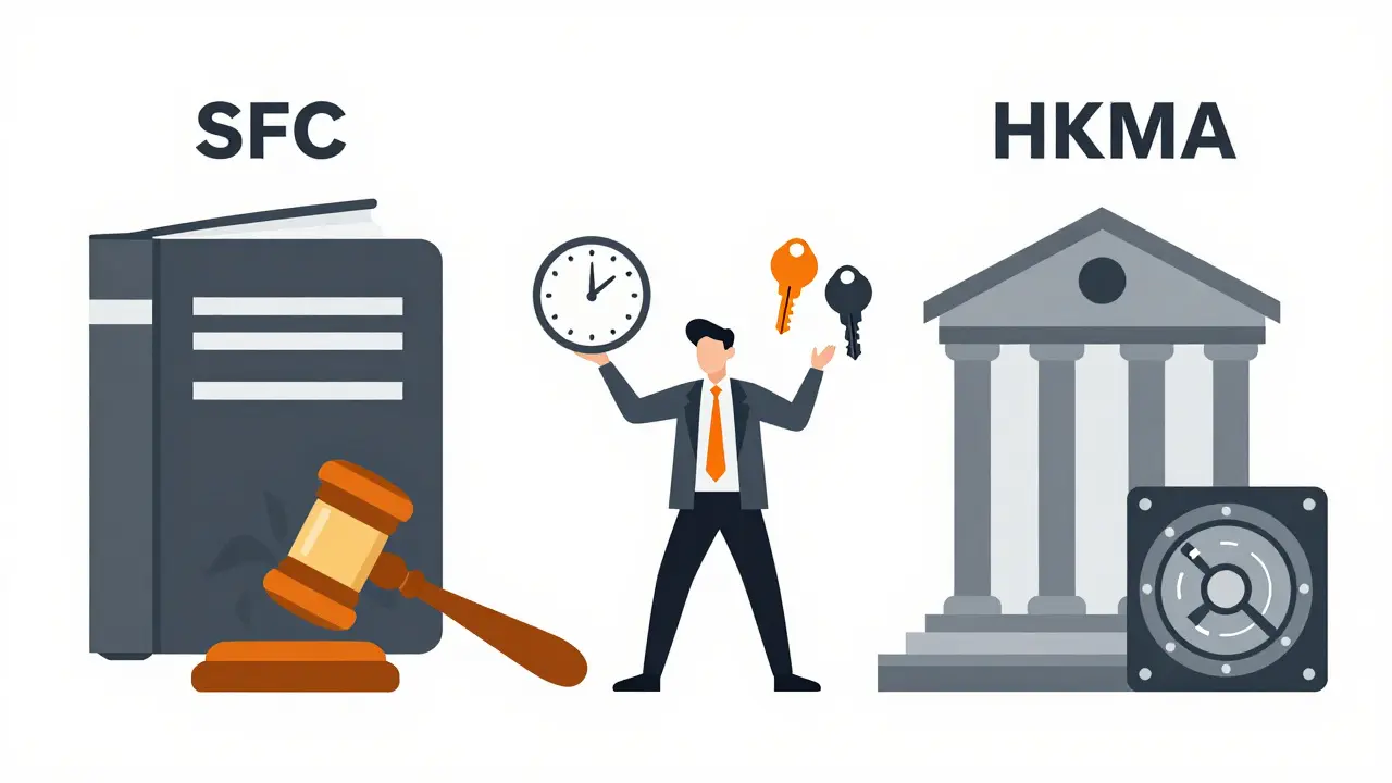 Flat illustration depicting the dual regulation of SFC and HKMA with a professional managing compliance tasks.