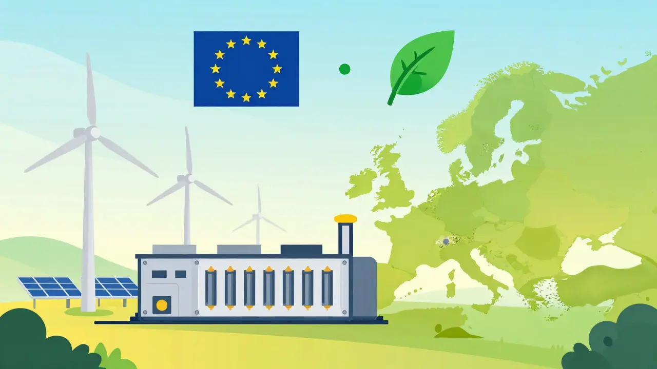Flat illustration of a crypto mining facility powered by renewable wind and solar energy in Europe.