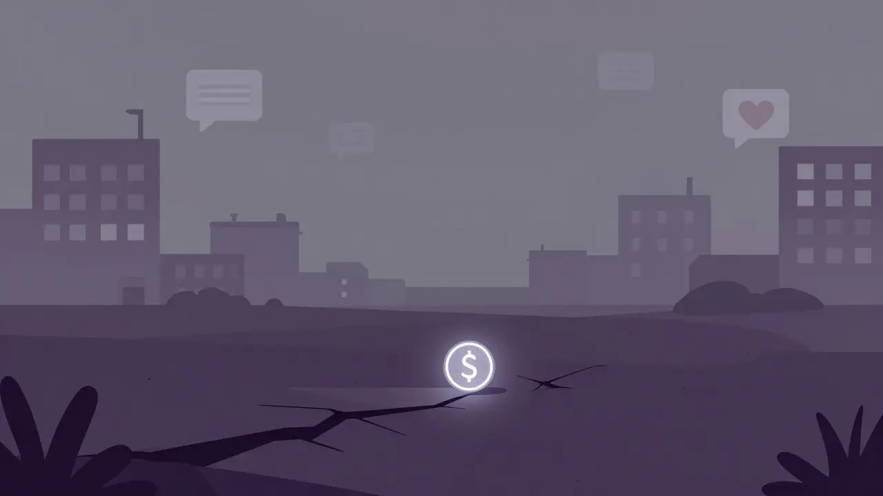 Flat illustration of a lone coin in a digital ghost town with fading social media icons.