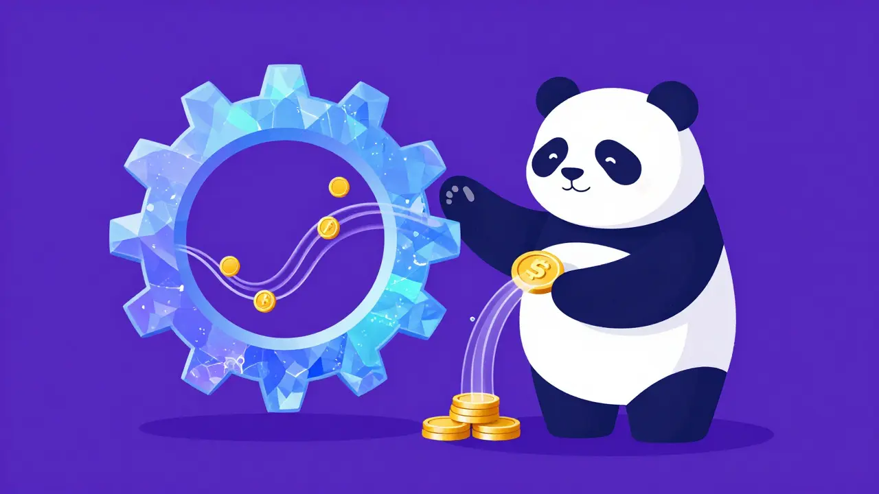 Flat illustration of a panda managing blue and purple liquidity pool gears.