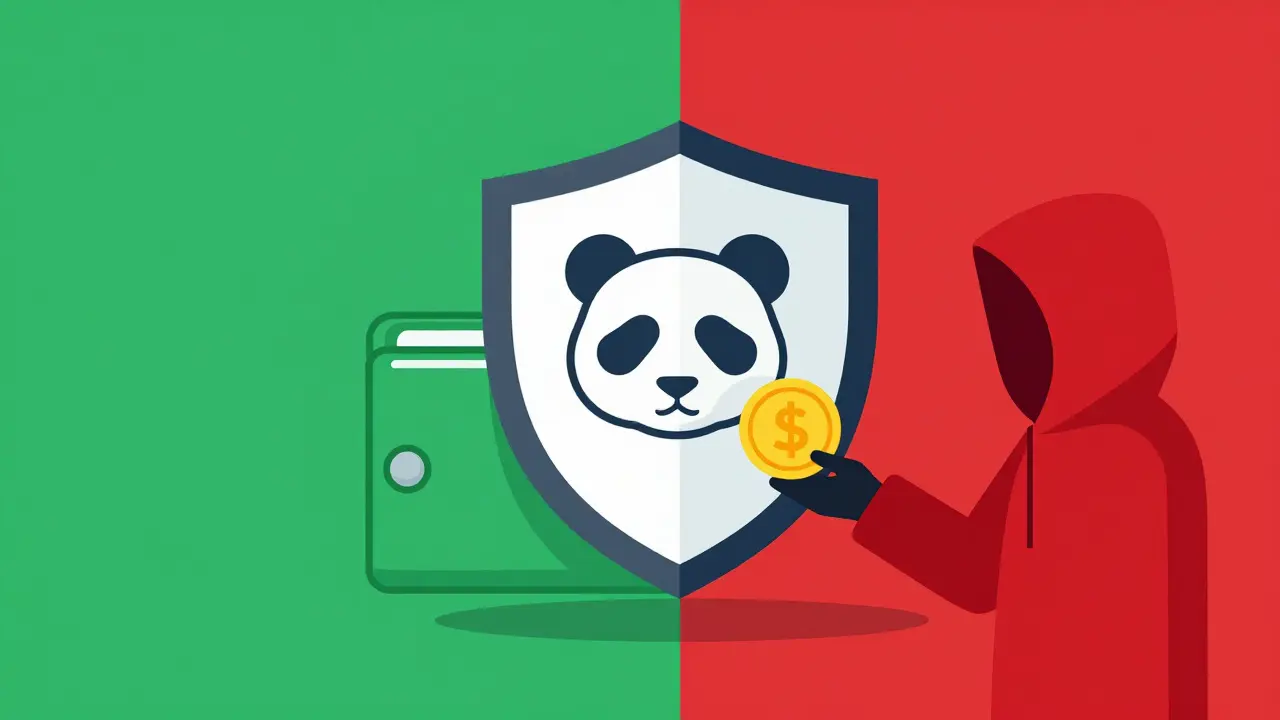Flat illustration of a panda shield protecting a wallet from a scammer.