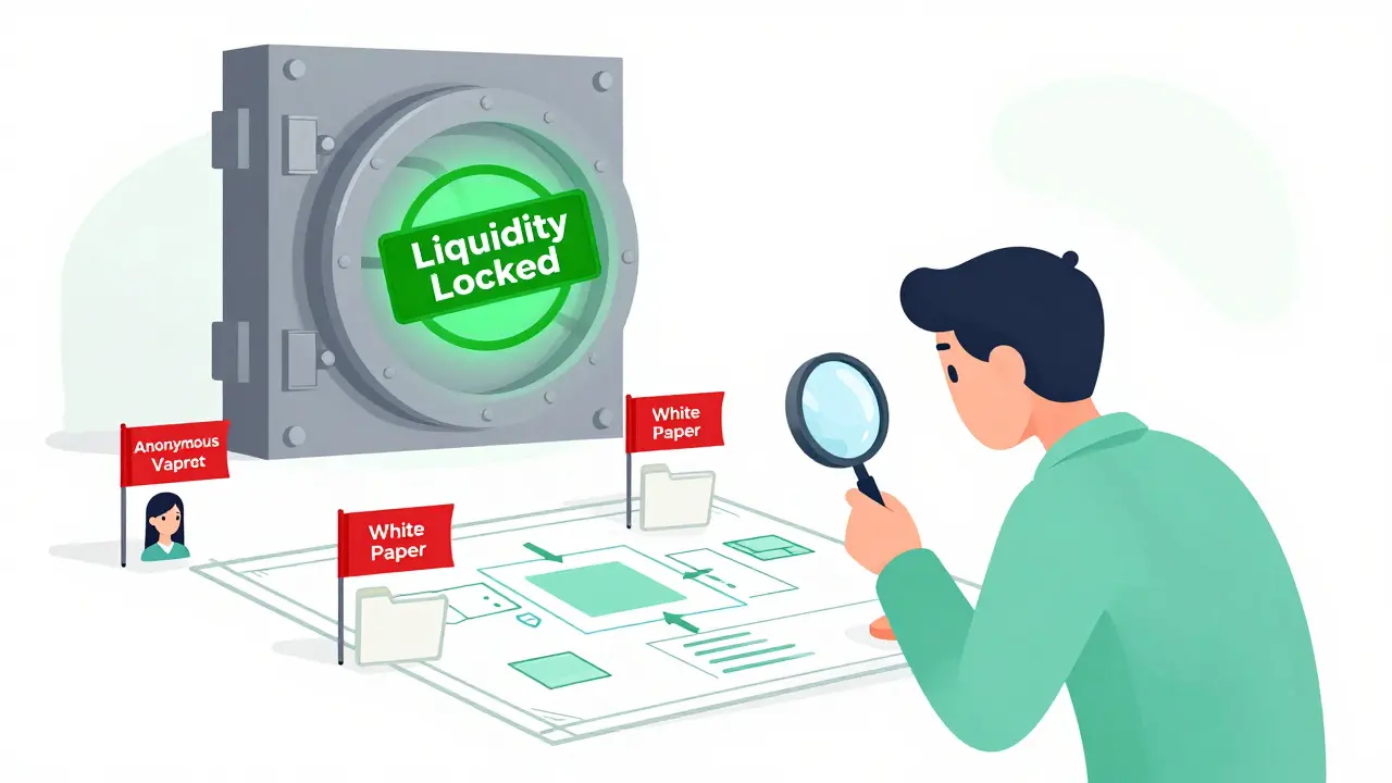 Flat illustration of a person using a magnifying glass to audit a digital smart contract for red flags.