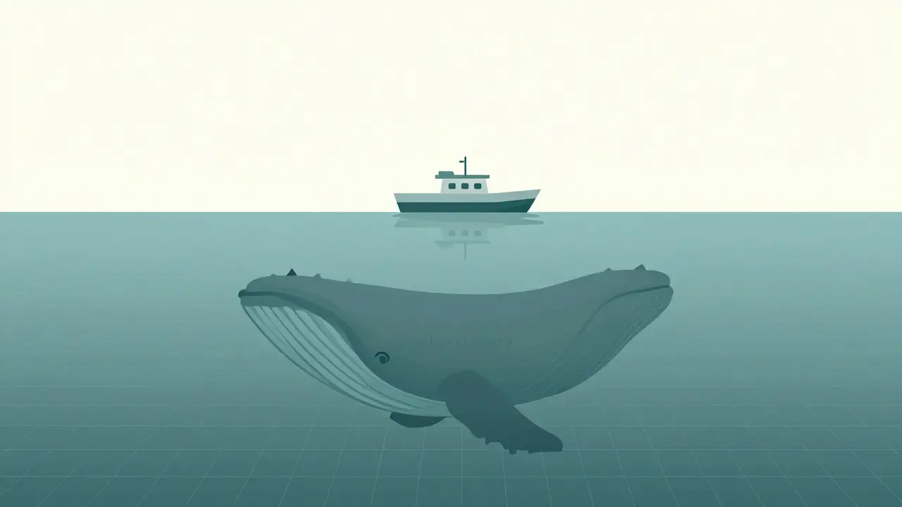 Flat illustration of a small boat in a digital ocean with a giant whale silhouette below.