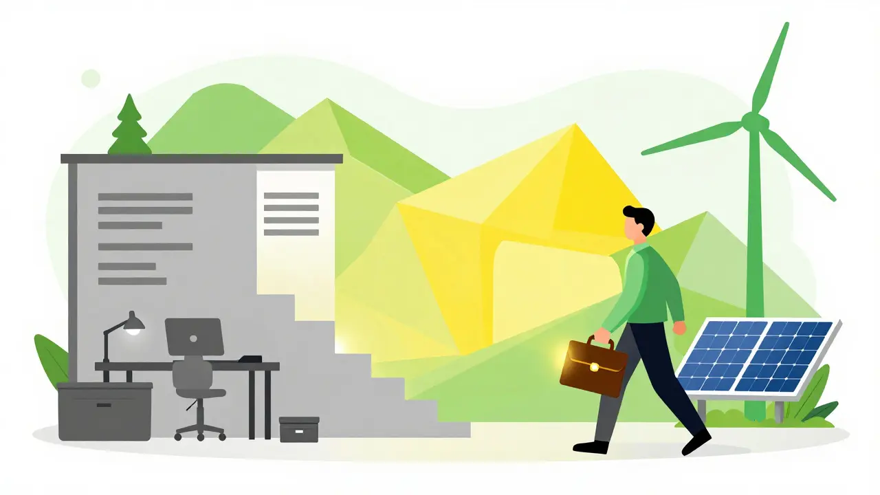 Flat illustration of a trader moving from a dull office to a bright, green energy crypto hub.