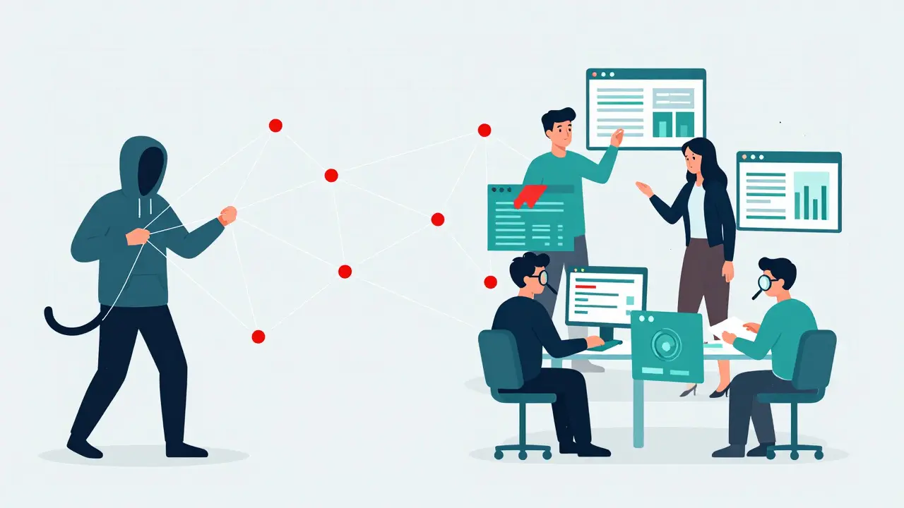 Flat illustration of analysts tracing a complex web of digital transactions to find a hidden hacker.