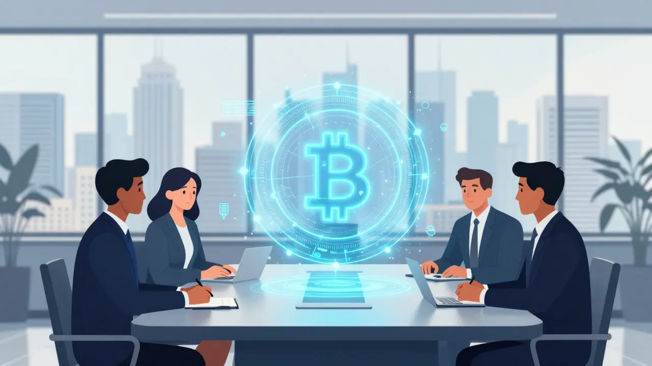 Flat illustration of business professionals discussing blockchain technology in a modern office.