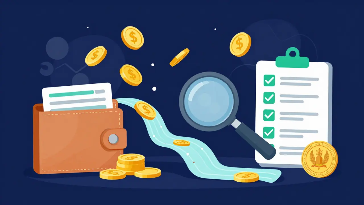 Flat illustration of digital currency transactions being audited for compliance and identity verification.
