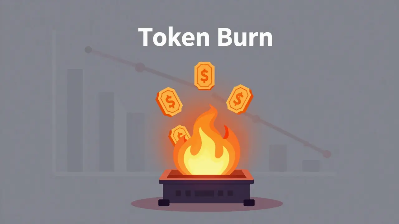 Flat illustration of digital tokens being burned in a high-tech furnace to reduce supply.