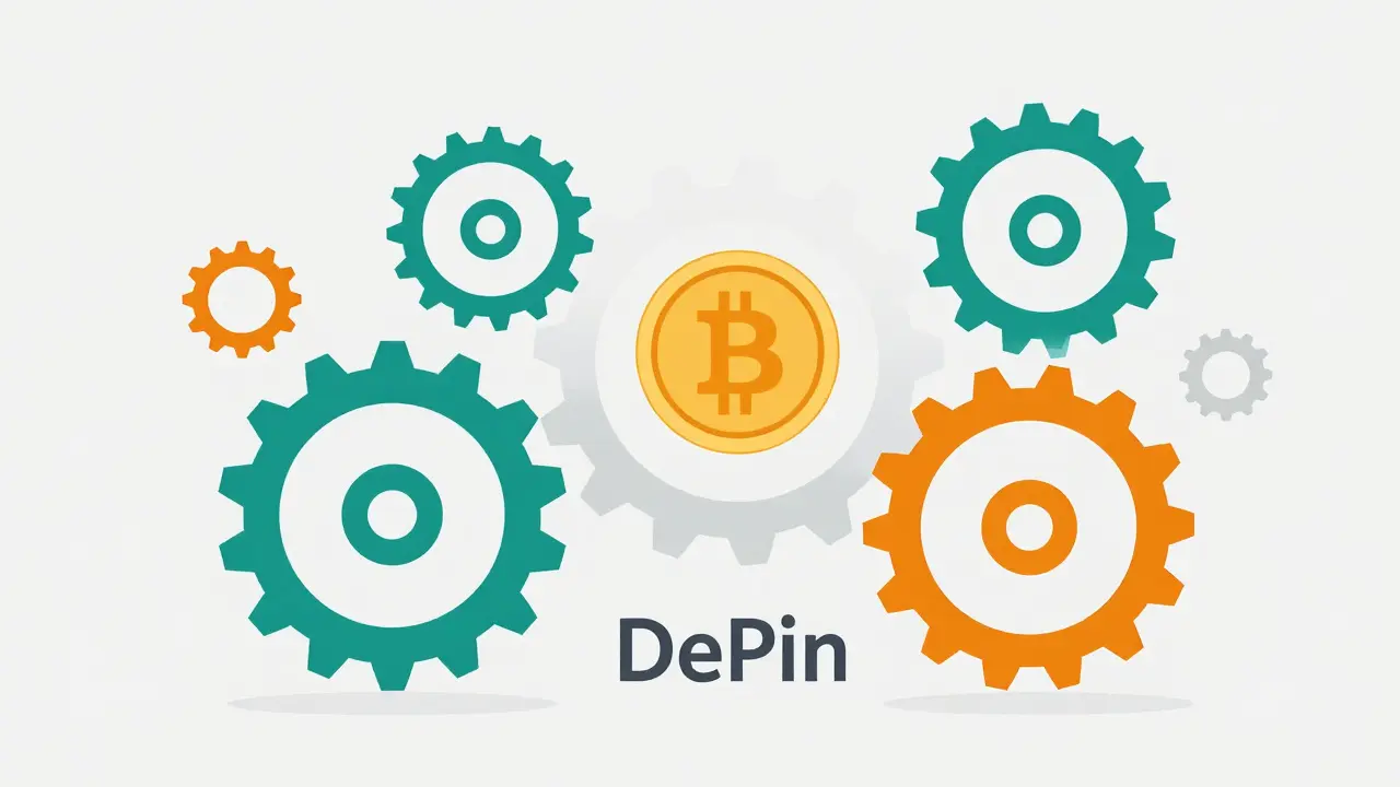 Flat illustration of disconnected mechanical gears and a floating cryptocurrency coin.