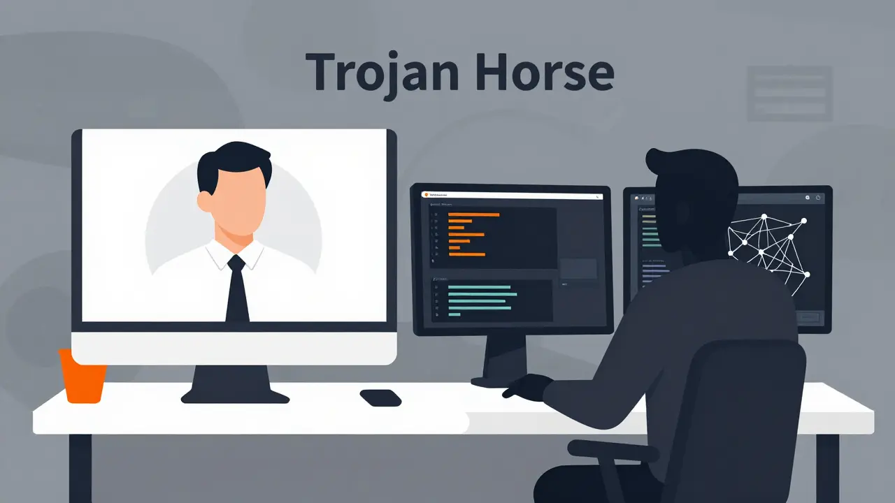 Flat illustration showing a fake professional profile contrasting with a hidden hacker in a dark room.