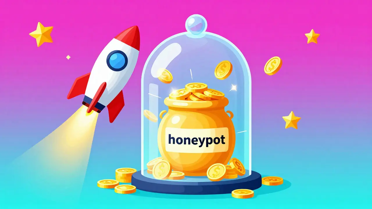Flat illustration showing a golden coin jar trapped under a glass dome and a fake rocket ship.