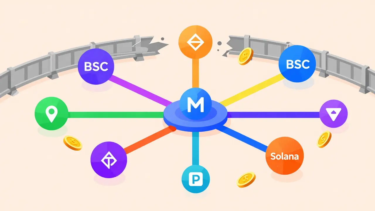 Flat illustration showing coins moving between different blockchain networks through a central hub.