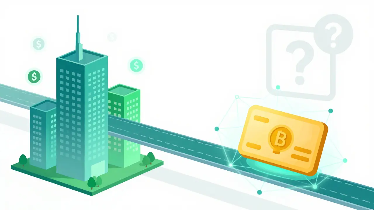 Flat illustration showing physical real estate and bonds being converted into digital blockchain tokens.