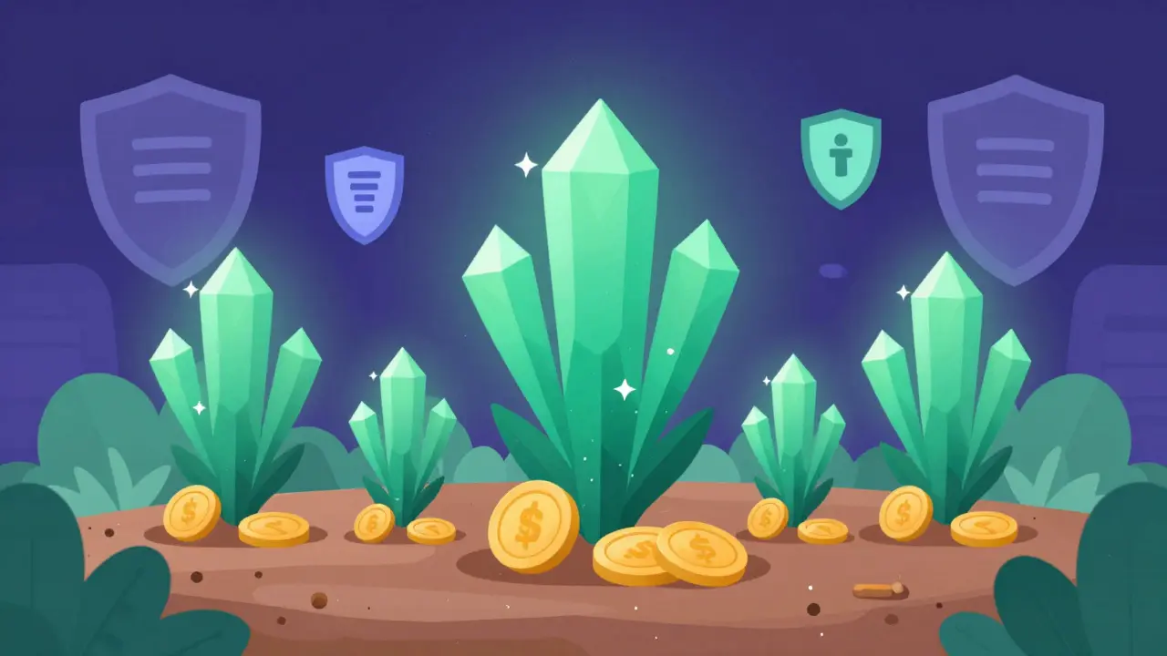 Graphic of coins growing into crystal trees representing staking yields.