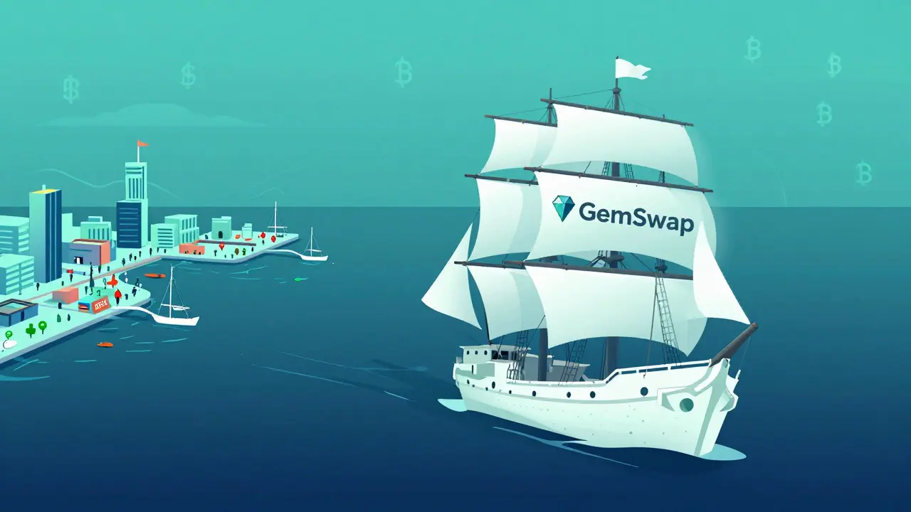 Illustration of a dilapidated ghost ship drifting away from a busy crypto harbor