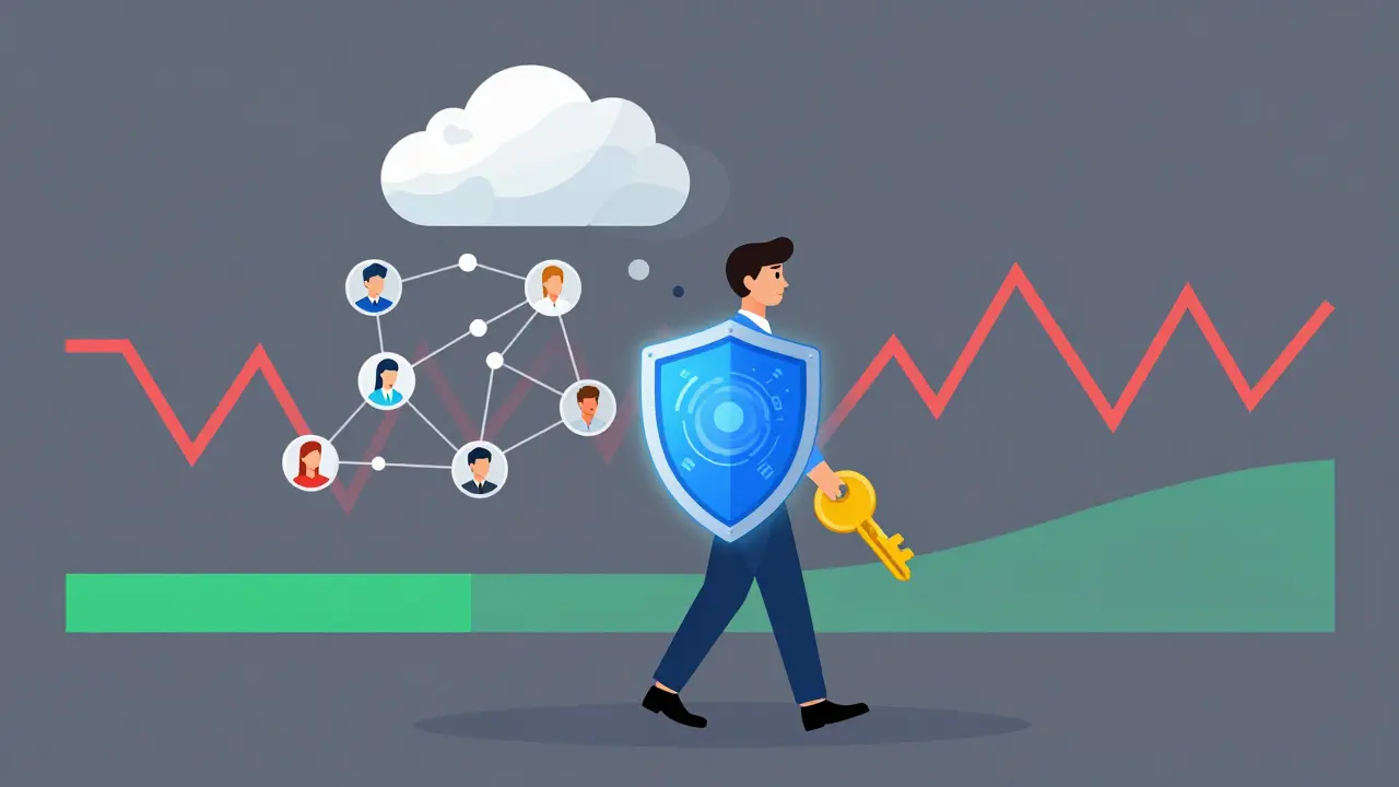 Person carrying a digital key and their social network cloud, symbolizing identity portability.