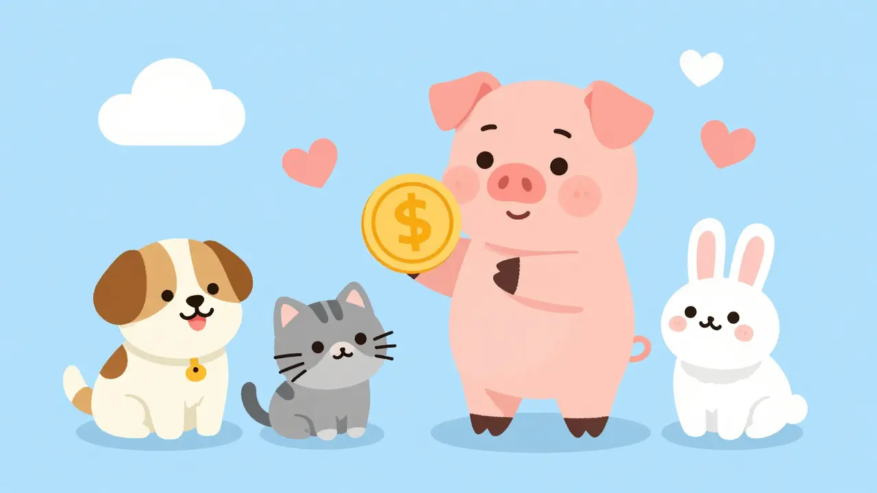 Piglet character giving a golden coin to a group of cute shelter animals.