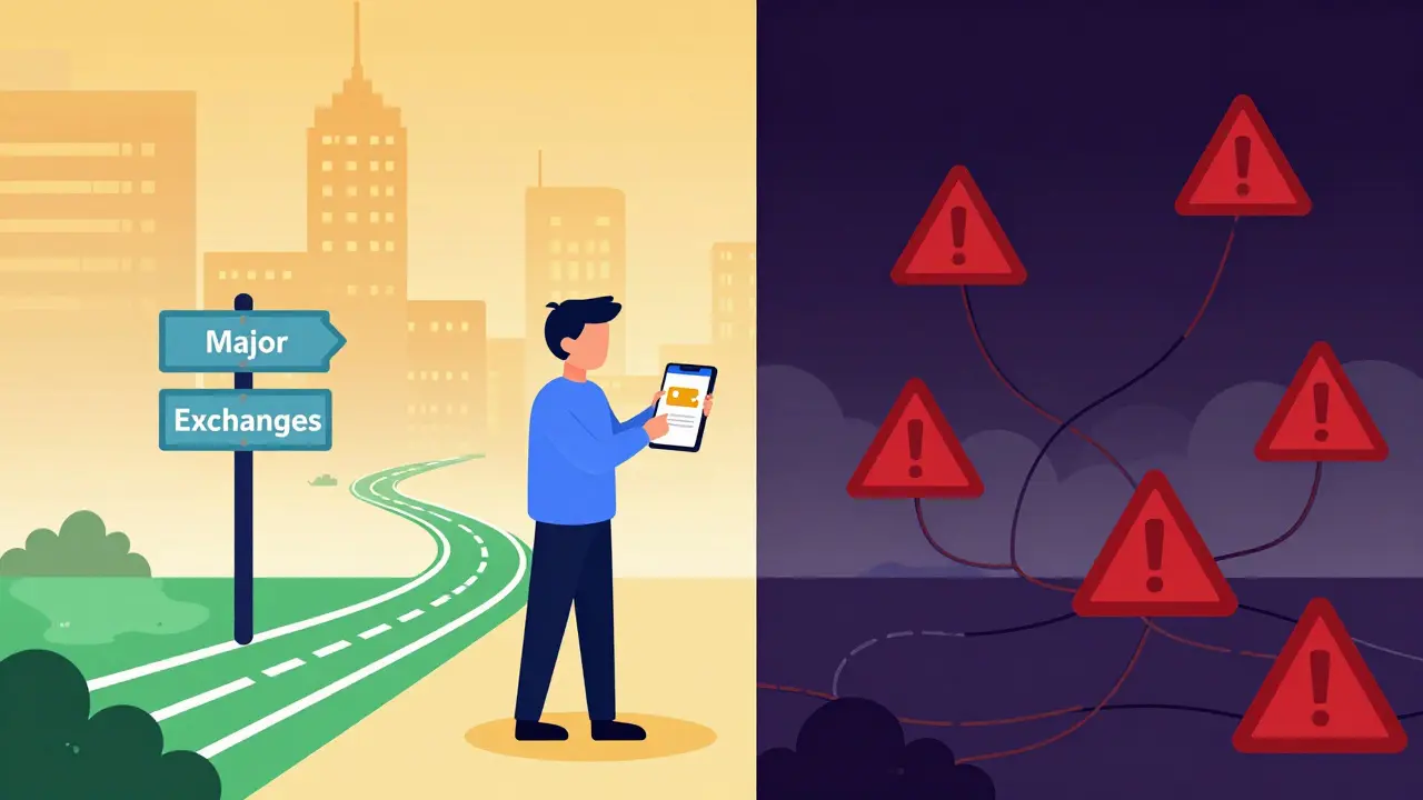 Cartoon character facing a choice between a safe path and a risky, foggy crypto trail
