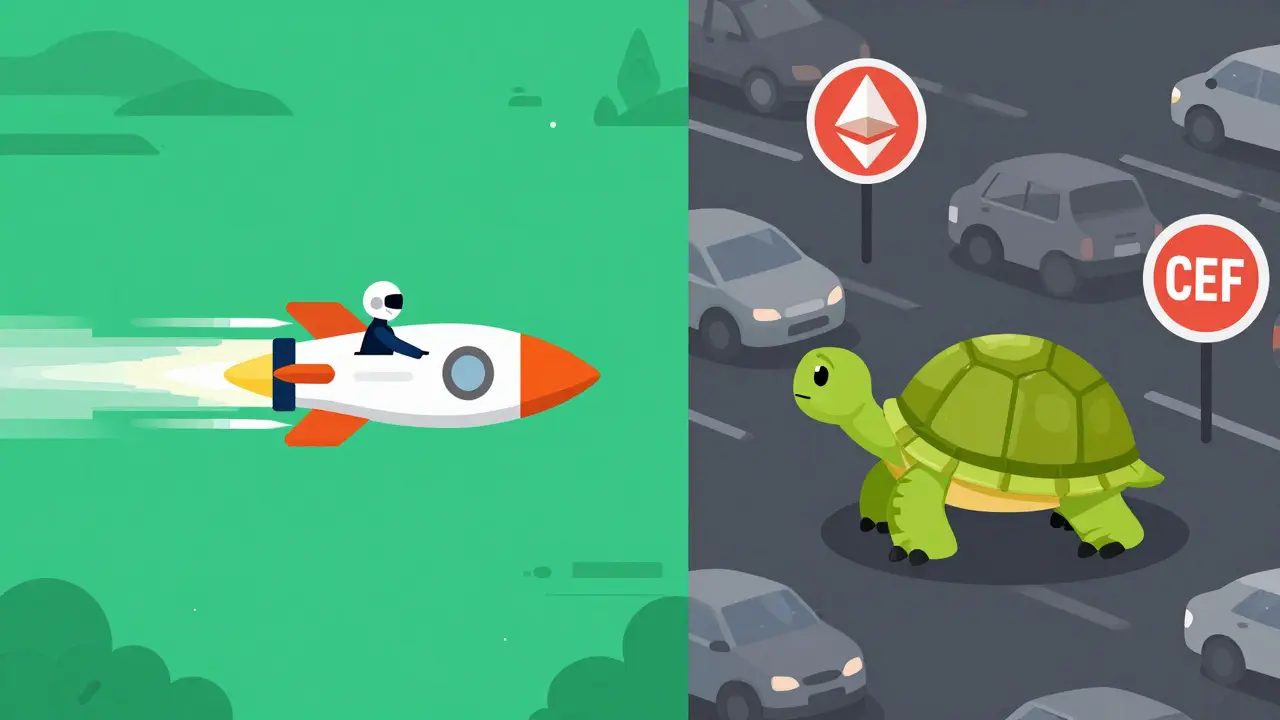 Cartoon comparing fast BSC trading speeds against slow, expensive Ethereum fees