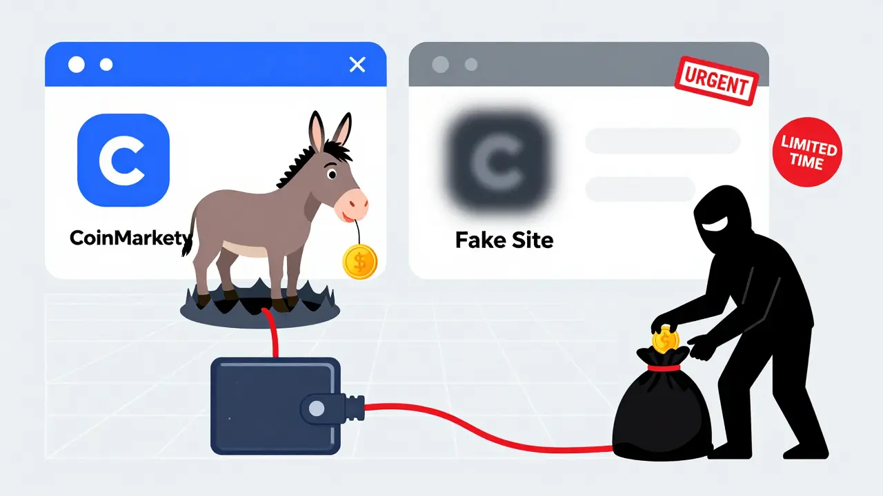 Cartoon donkey lured by fake tokens while a hacker drains a digital wallet.