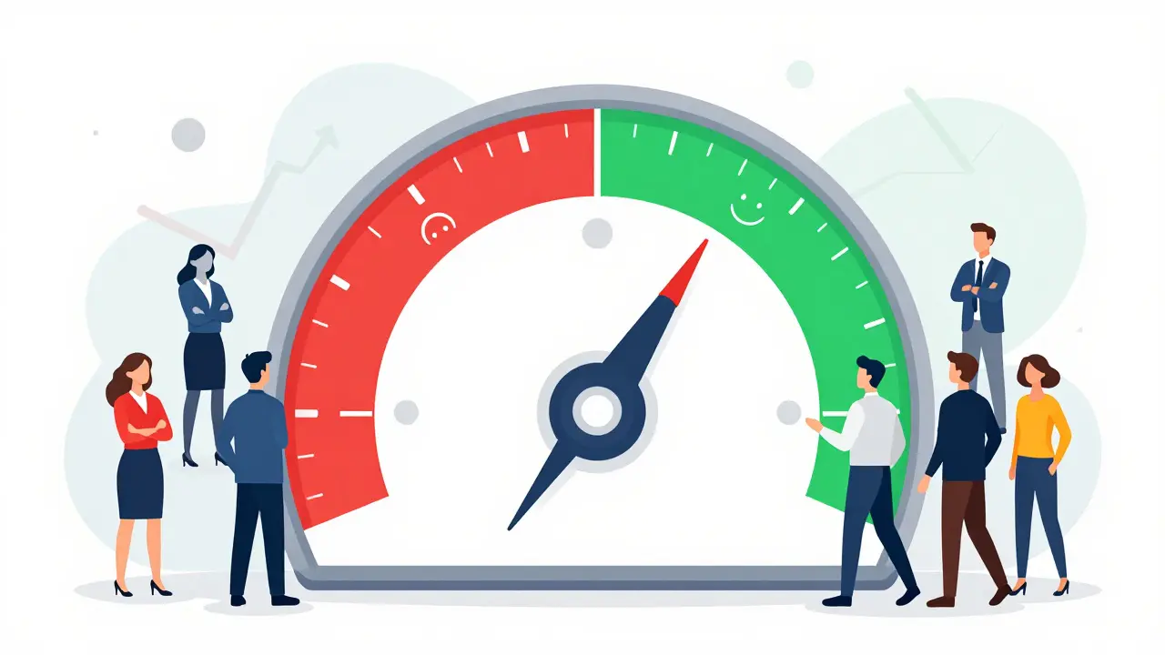 Cartoon gauge showing shift from fear to greed in market sentiment