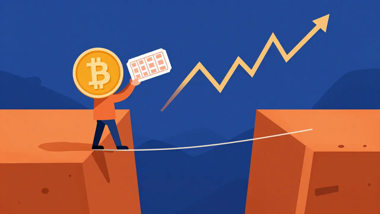 Character on tightrope with volatile chart representing meme coin risk