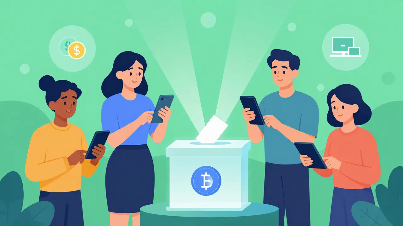 Community members casting votes via devices in a flat illustration style.