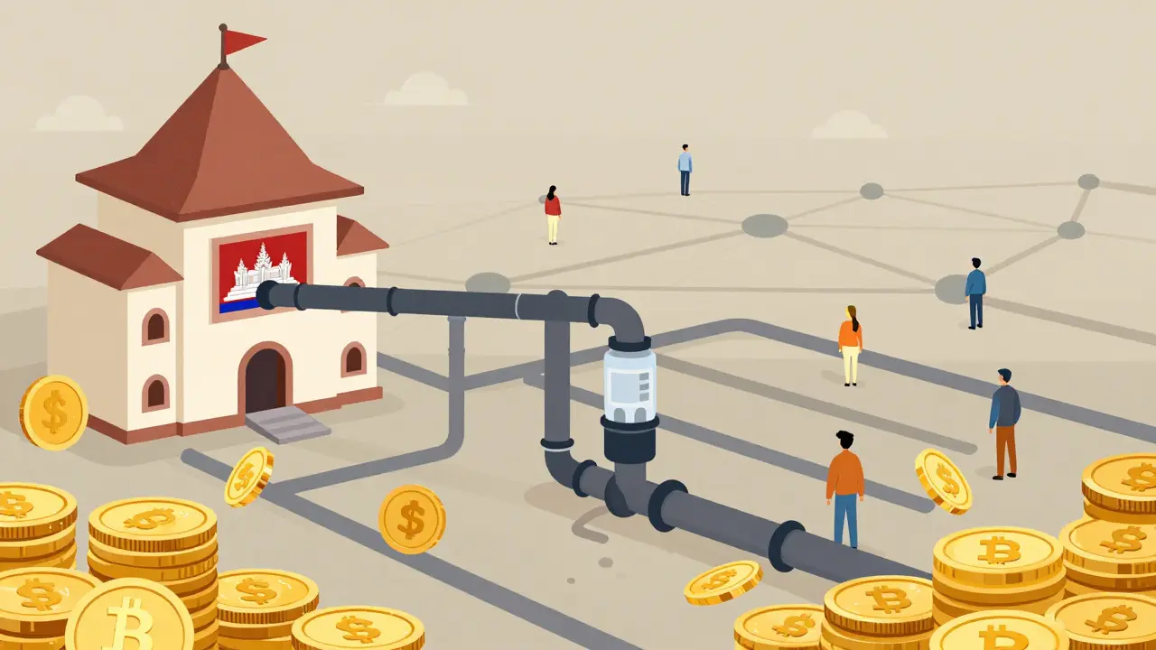 Conceptual art of cryptocurrency money laundering through hidden networks.