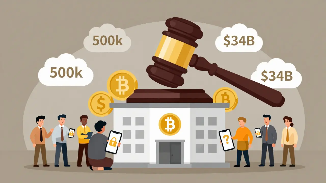 Conceptual art showing regulatory gavel looming over anxious crypto traders.