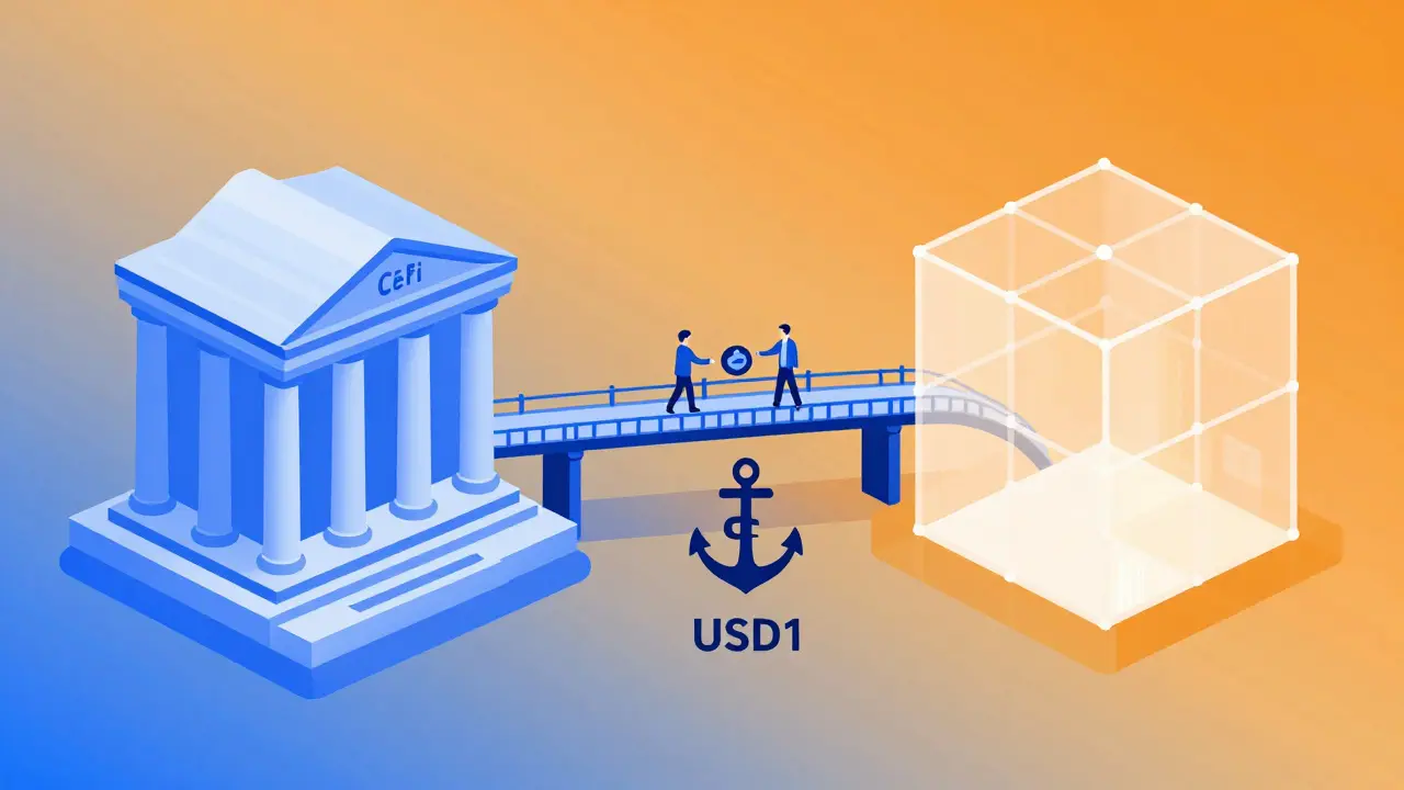 Conceptual bridge connecting centralized and decentralized finance with a stable anchor.