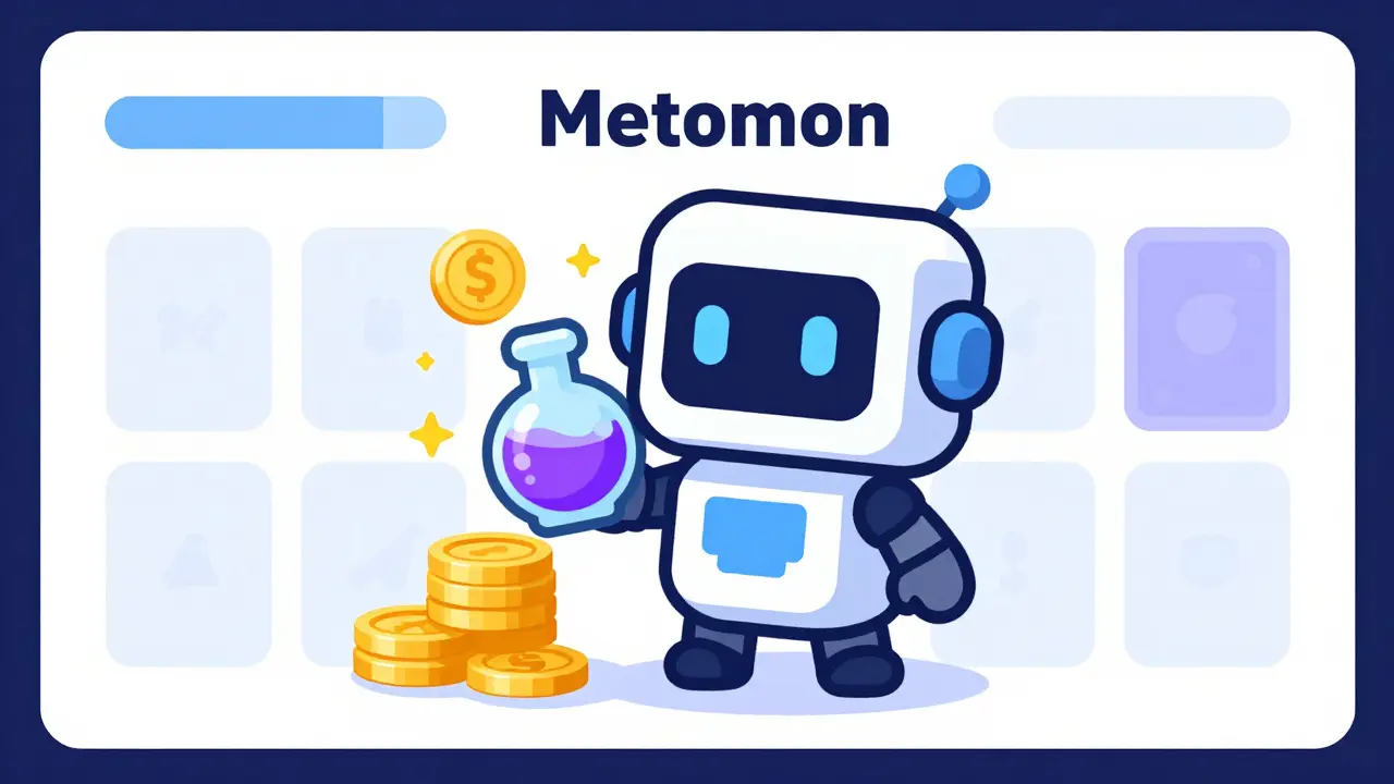 Cute Metamon robot holding a potion and coins on a minimalist game dashboard