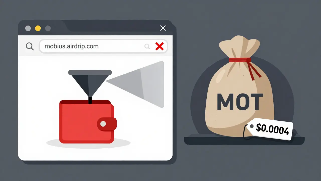 Flat art showing a phishing site draining a wallet and a worthless fake token bag.