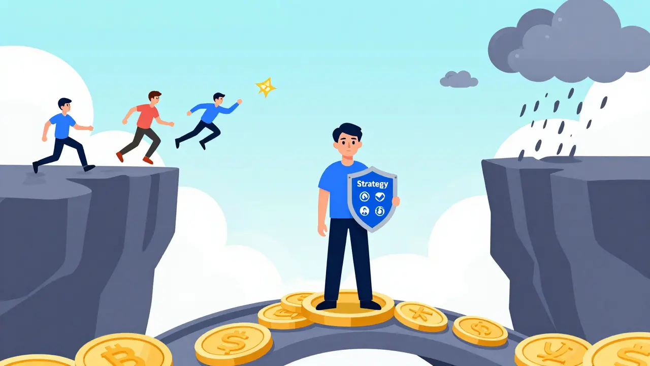 Flat illustration comparing safe stablecoin pools against risky volatile asset cliffs.