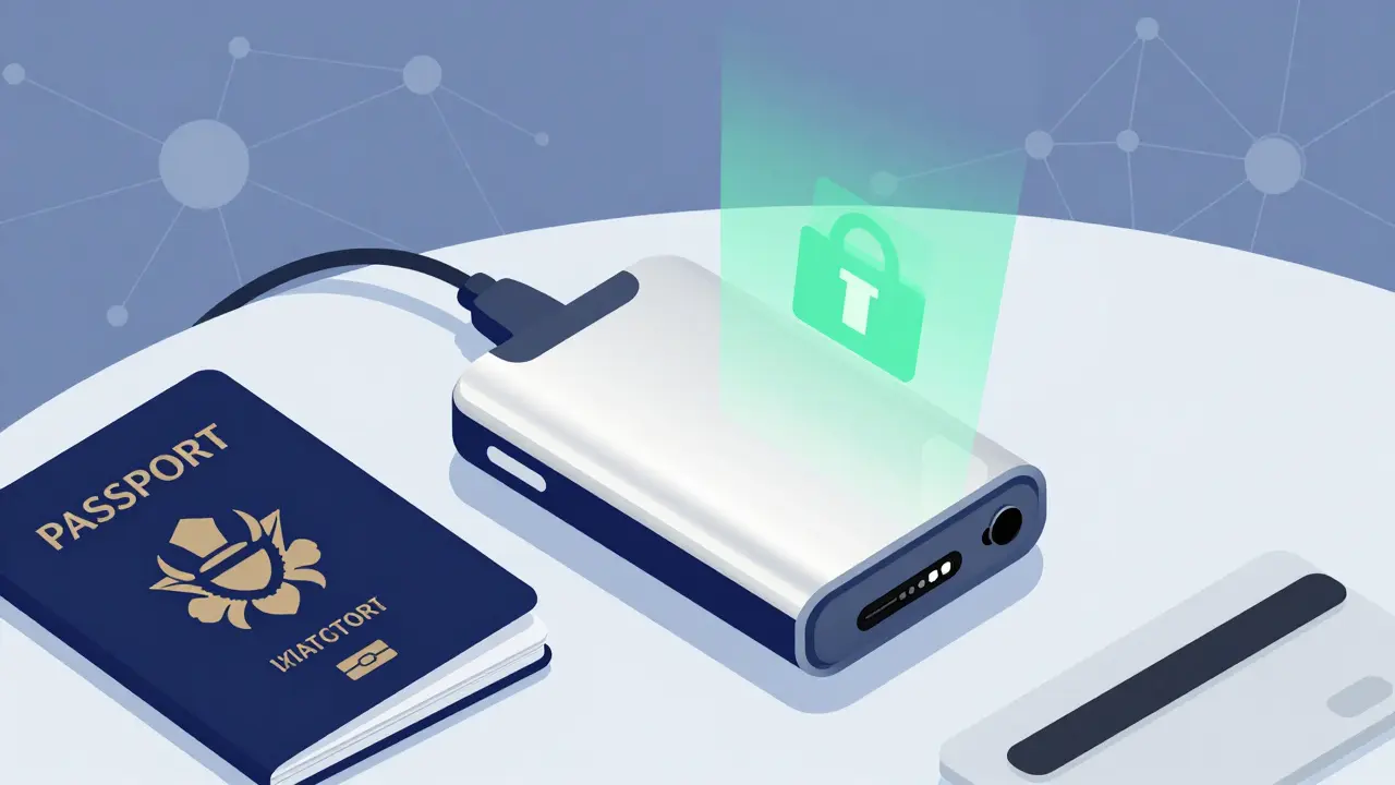 Flat illustration of a hardware wallet and passport for secure storage.