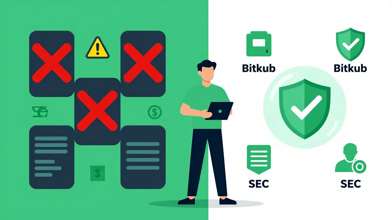 Graphic comparing banned crypto apps with safe, licensed Thai exchanges and protection shields.