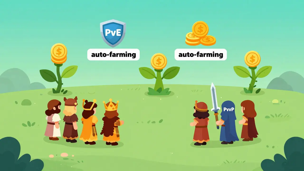 Illustration of cartoon gods battling in an idle game for rewards