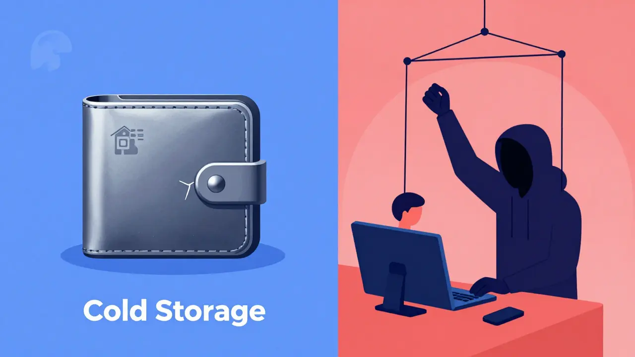 Illustration of cold storage security versus social engineering attacks.