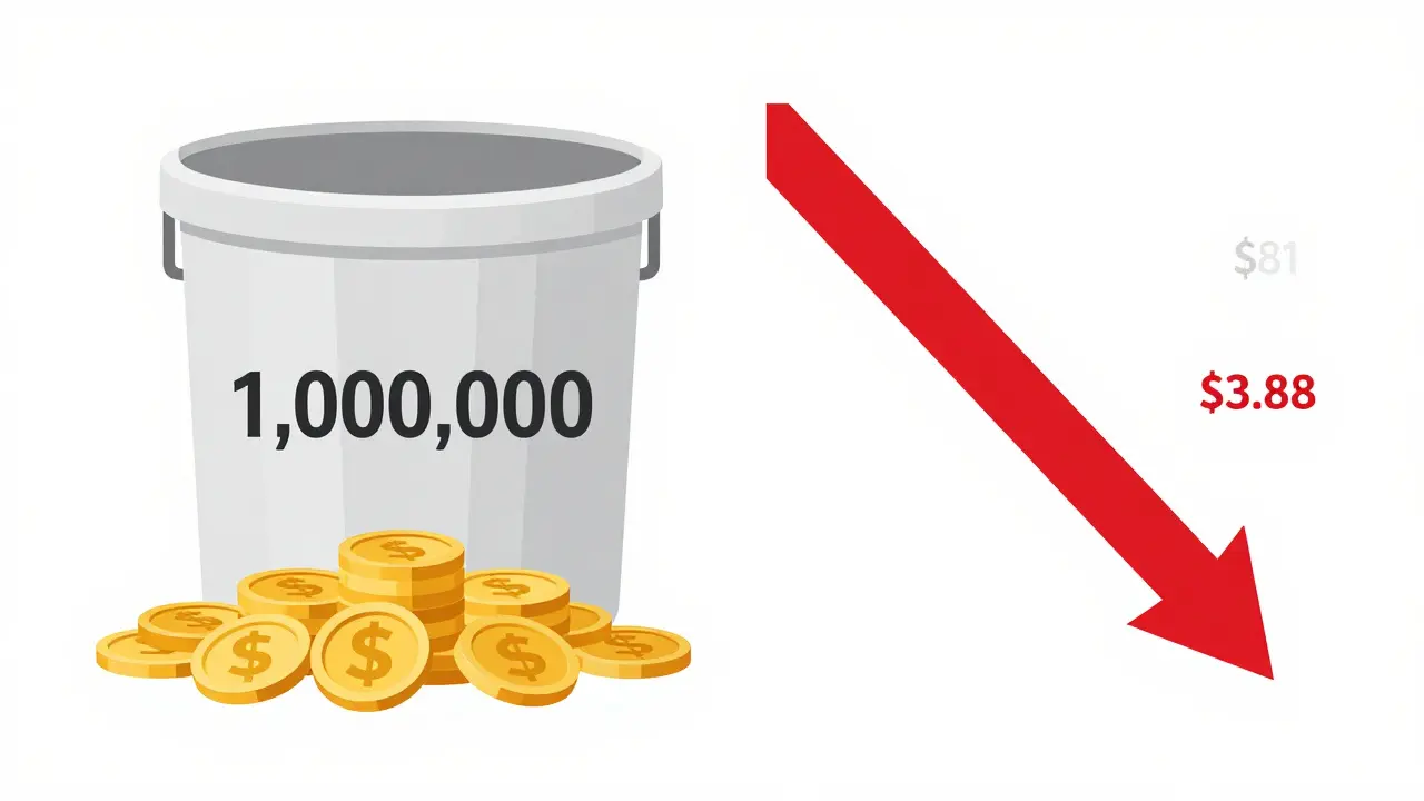 Illustration showing coin supply scarcity and price drop trend