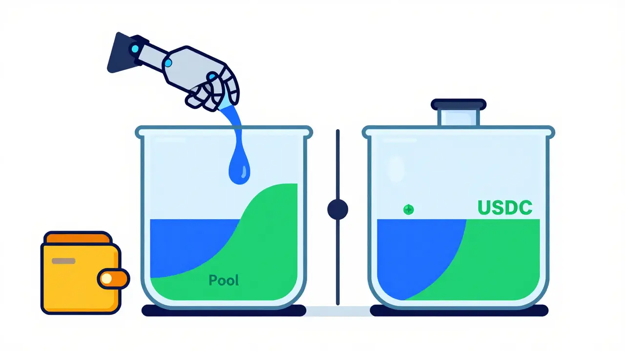 Illustration showing how arbitrage bots rebalance a liquidity pool, altering asset ratios.