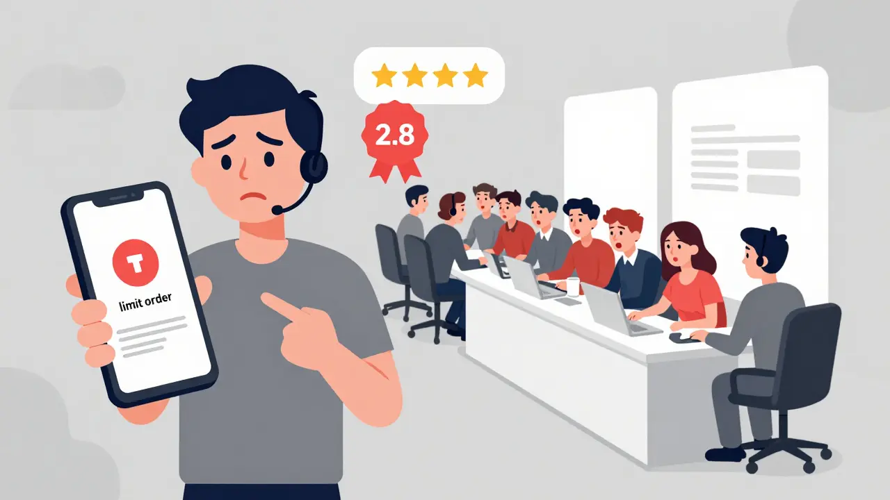 Illustration shows frustrated users dealing with app bugs and slow support.