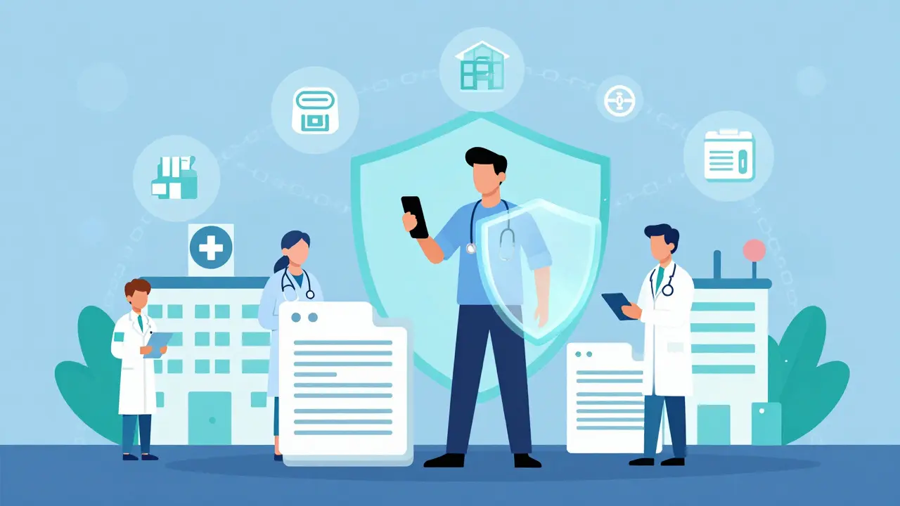 Patient holding phone securing medical records with shield
