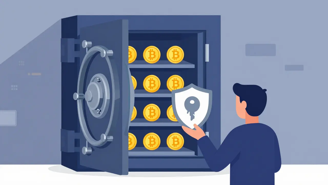 Secure vault with Bitcoin and safety shield icons