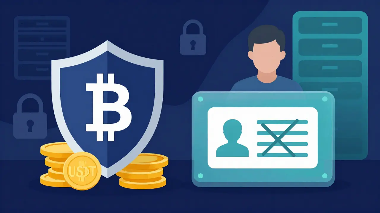 Shield protecting USDT coins next to anonymous user silhouette