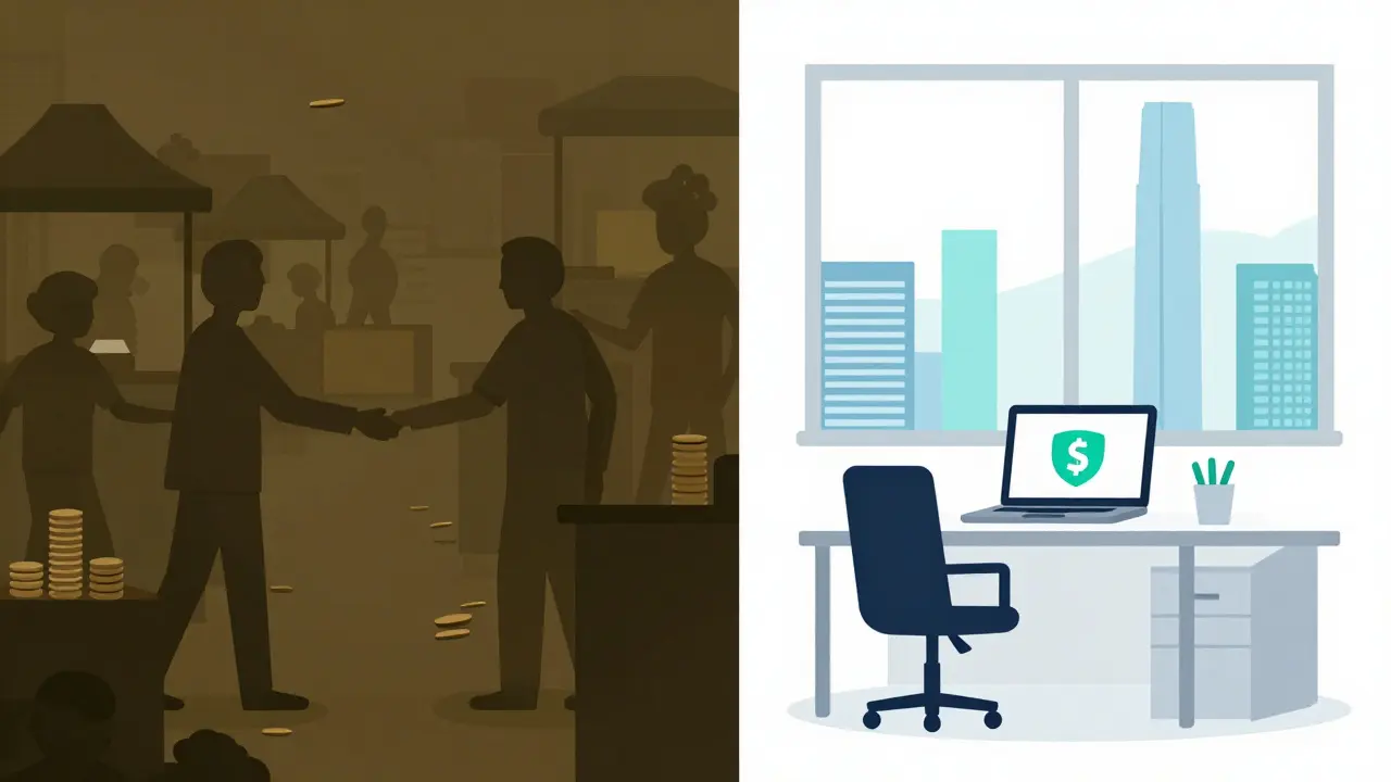 Split illustration comparing risky P2P trading vs safe licensed exchange.
