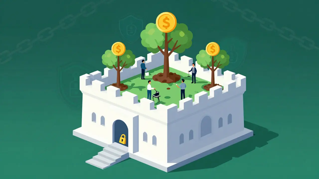 Stable fortress with growing money trees representing secure DeFi