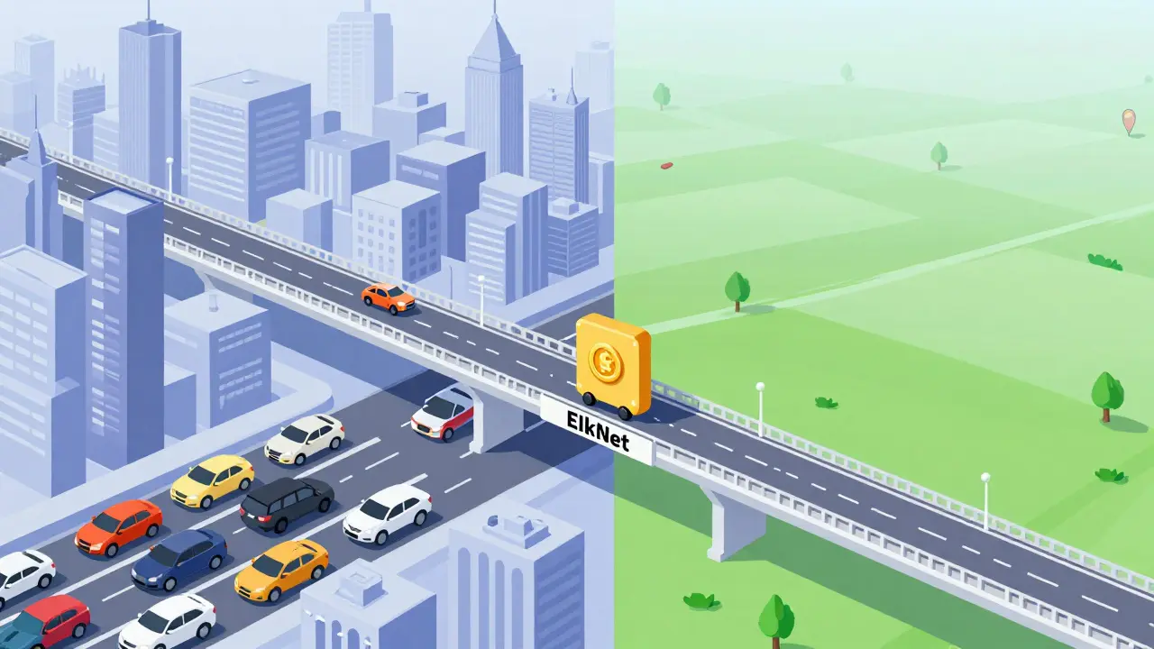 Stylized bridge moving tokens quickly between congested networks
