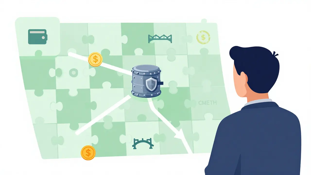 Trader navigating a complex DeFi map towards a secure, unregulated exchange vault.
