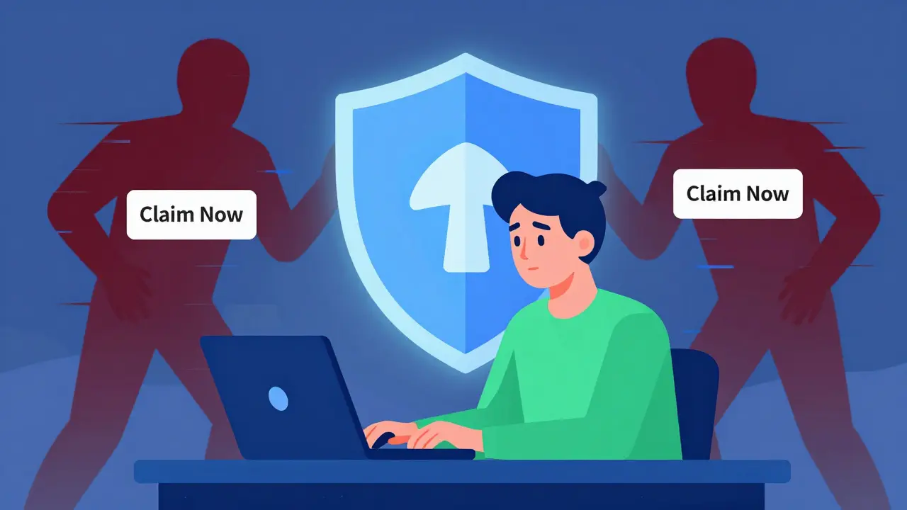 User protected by digital shield from crypto scam threats
