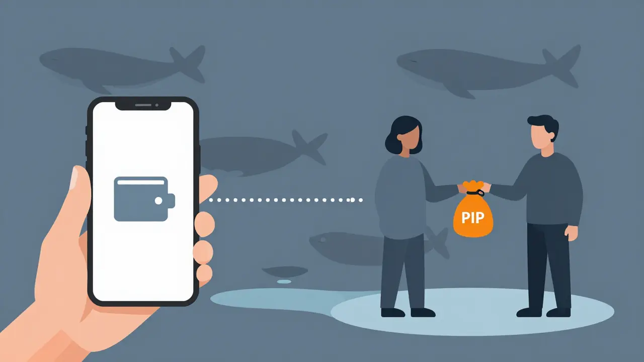 User swapping crypto tokens with whale shadows in background